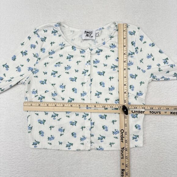 Princess Polly Top Size 4 White Blue Floral Y2K Style Button Front Long Sleeve - Picture 6 of 8
